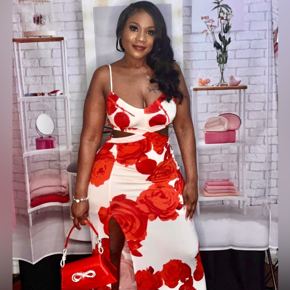 Red Floral Cutout Dress